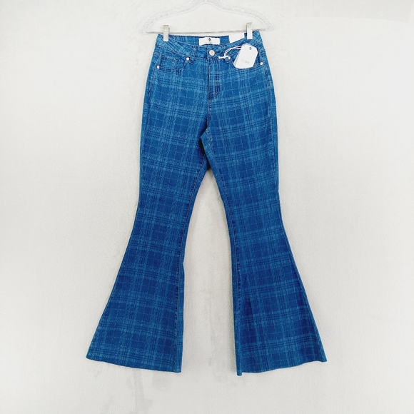 NEW Flying Angel Gogo Plaid High Waist Flare Leg Jeans In Plaid P1725 - Picture 1 of 10